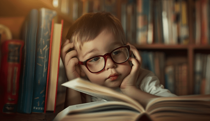 Child sitting in front of books looking disappointed